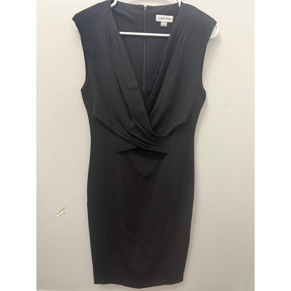 Calvin Klein Black Sleeveless Faux Wrap Sheath Dress Pleated V-Neck 8